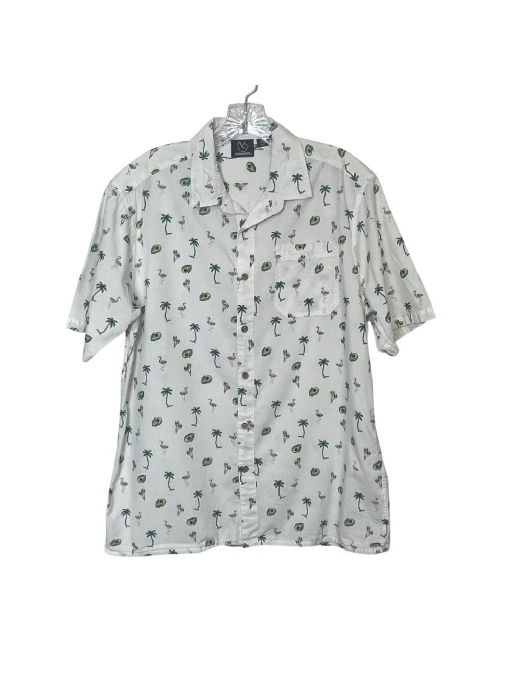 Burnside Hawaiian Shirt Button Mens Large Front White Green Palm Flamingo
